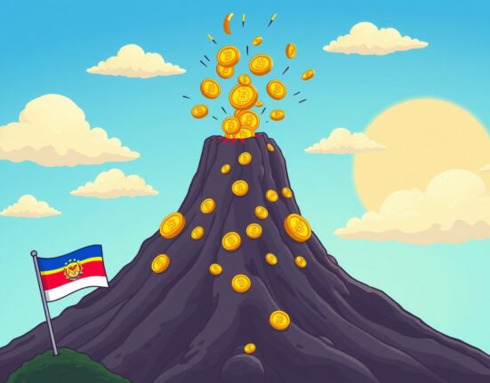 El Salvador's Bitcoin holdings visualized as a volcanic eruption of digital gold coins