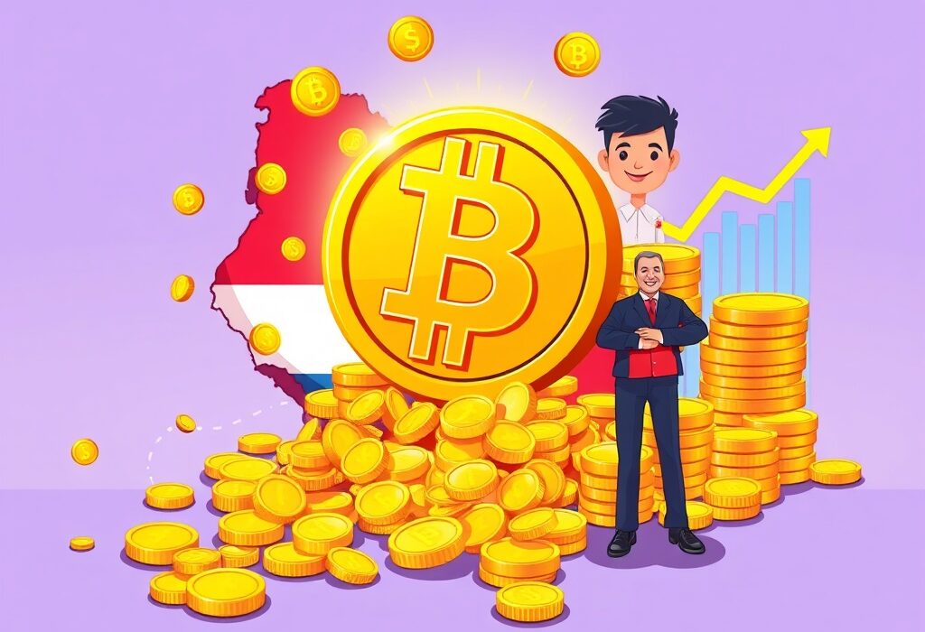 Cartoon illustration showing El Salvador's flag and Bitcoin symbols, representing the significant unrealized profit from the El Salvador Bitcoin reserve.