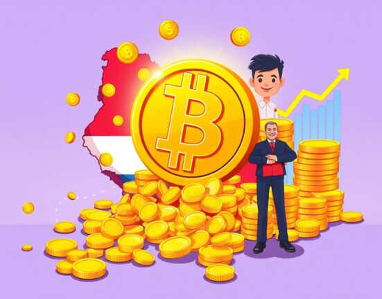 Cartoon illustration showing El Salvador's flag and Bitcoin symbols, representing the significant unrealized profit from the El Salvador Bitcoin reserve.