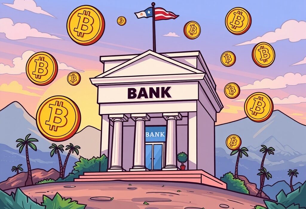Cartoon illustration depicting a bank building with crypto symbols, representing new El Salvador crypto services for investment.