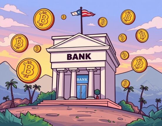Cartoon illustration depicting a bank building with crypto symbols, representing new El Salvador crypto services for investment.