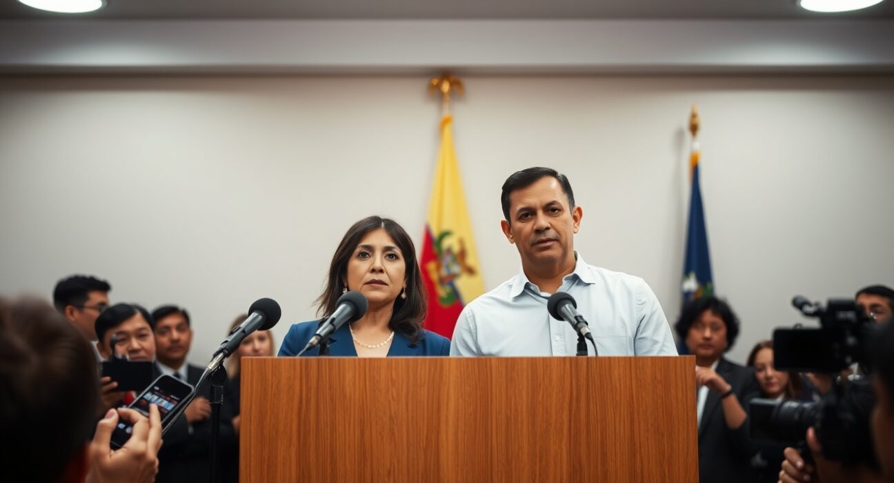 El Salvador opposition candidates Mayte Iraheta and Rafael Aguirre at a press conference challenging Bitcoin policy.