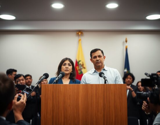 El Salvador opposition candidates Mayte Iraheta and Rafael Aguirre at a press conference challenging Bitcoin policy.