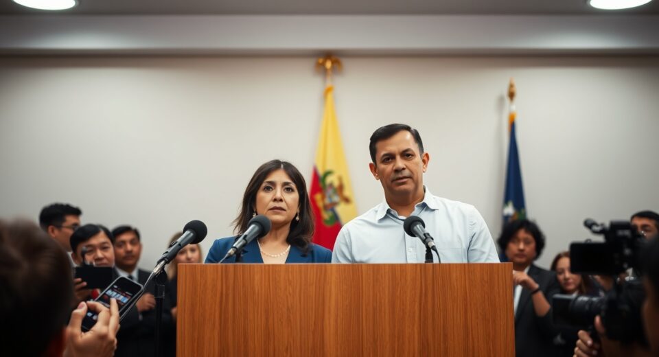 El Salvador opposition candidates Mayte Iraheta and Rafael Aguirre at a press conference challenging Bitcoin policy.