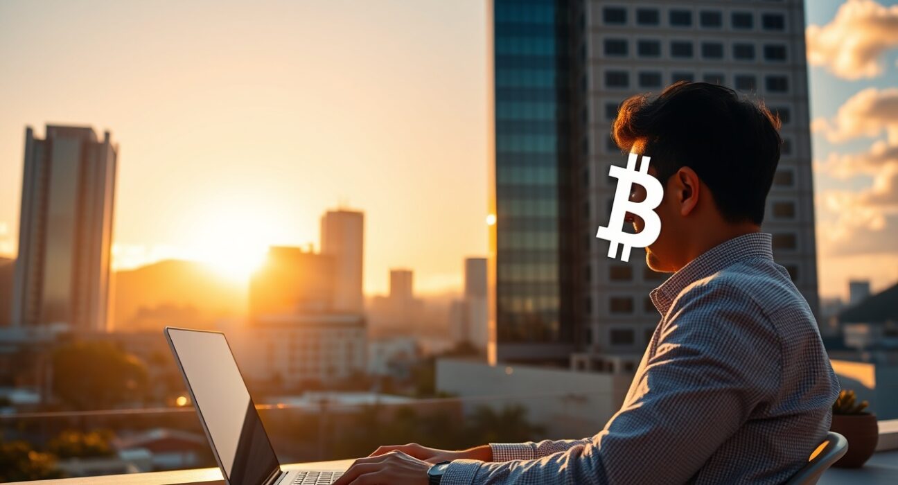 San Salvador skyline at sunset with a remote worker using a laptop and a Bitcoin symbol on screen