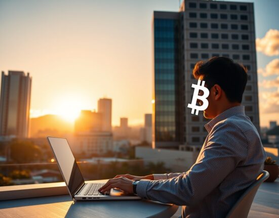 San Salvador skyline at sunset with a remote worker using a laptop and a Bitcoin symbol on screen