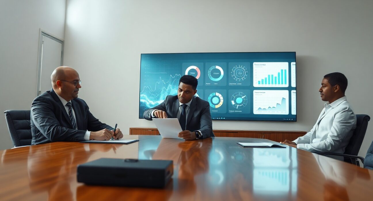 Business professionals in a boardroom signing an acquisition agreement with a data analytics screen in the background