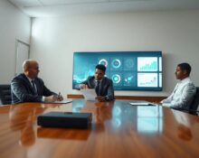 Business professionals in a boardroom signing an acquisition agreement with a data analytics screen in the background