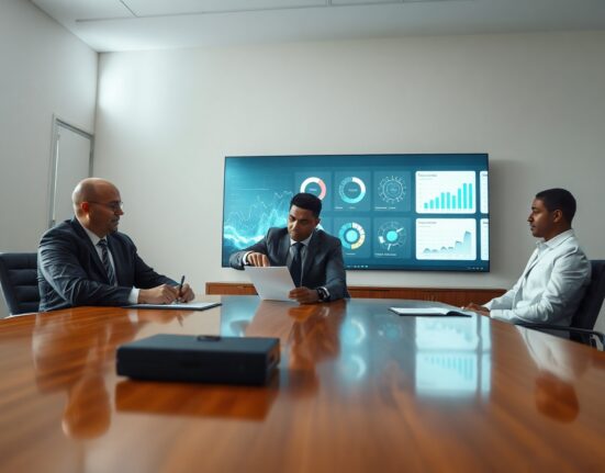 Business professionals in a boardroom signing an acquisition agreement with a data analytics screen in the background