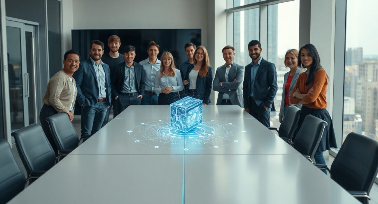 Team of professionals in a Bogotá office with a holographic crypto wallet interface on a conference table