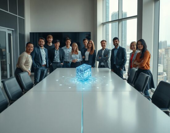 Team of professionals in a Bogotá office with a holographic crypto wallet interface on a conference table