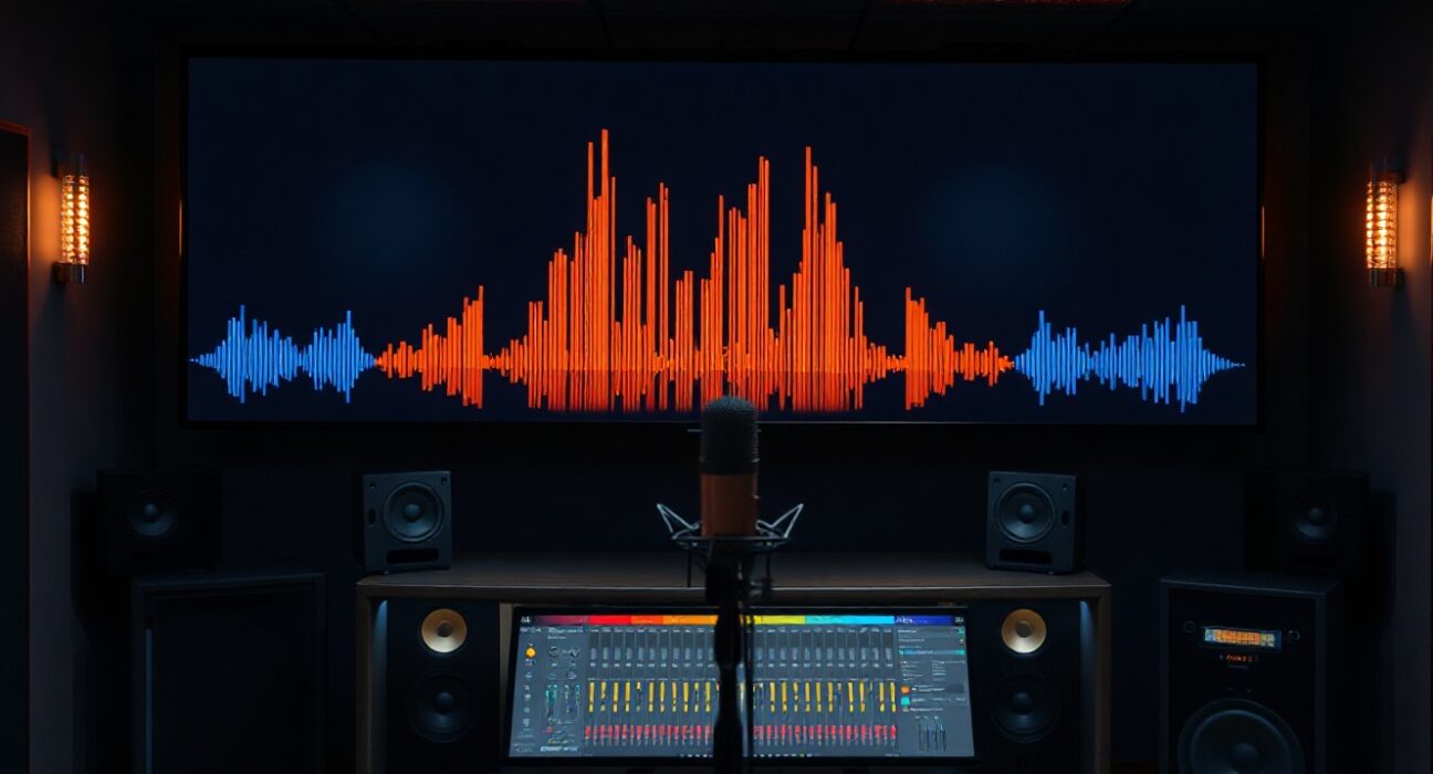 Recording studio mixing console with waveform showing genre transition from classical to heavy metal