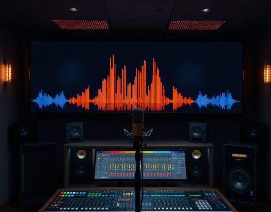 Recording studio mixing console with waveform showing genre transition from classical to heavy metal