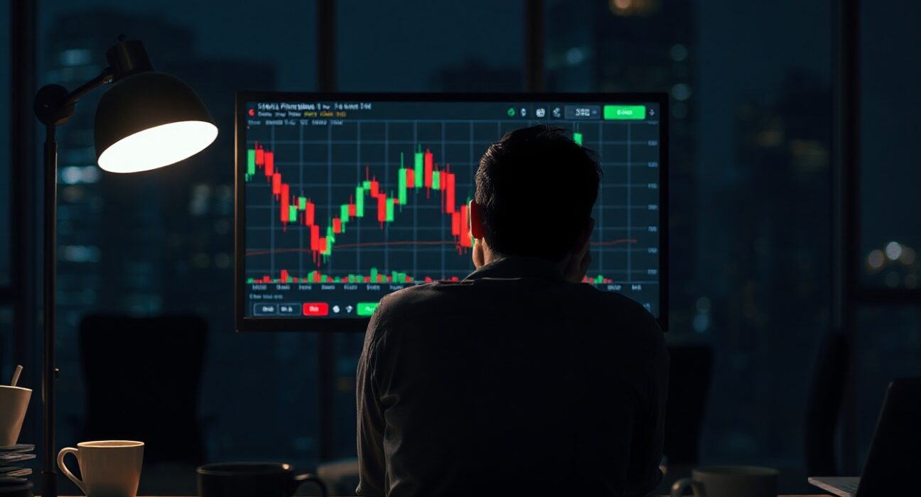 Developer sitting exhausted in dark office with cryptocurrency chart showing sharp decline on monitor