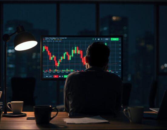 Developer sitting exhausted in dark office with cryptocurrency chart showing sharp decline on monitor
