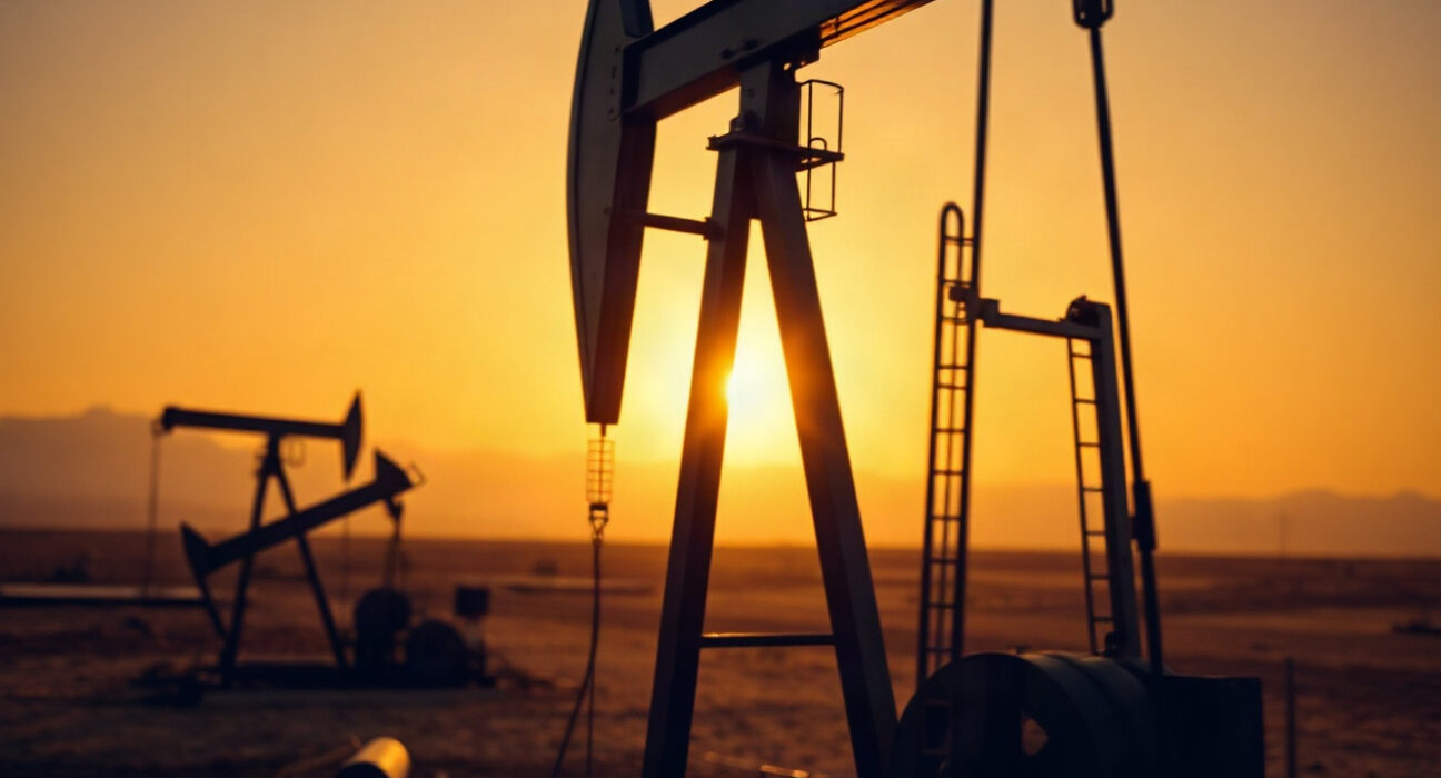 Crude oil pump jack silhouetted against sunset sky in oil field