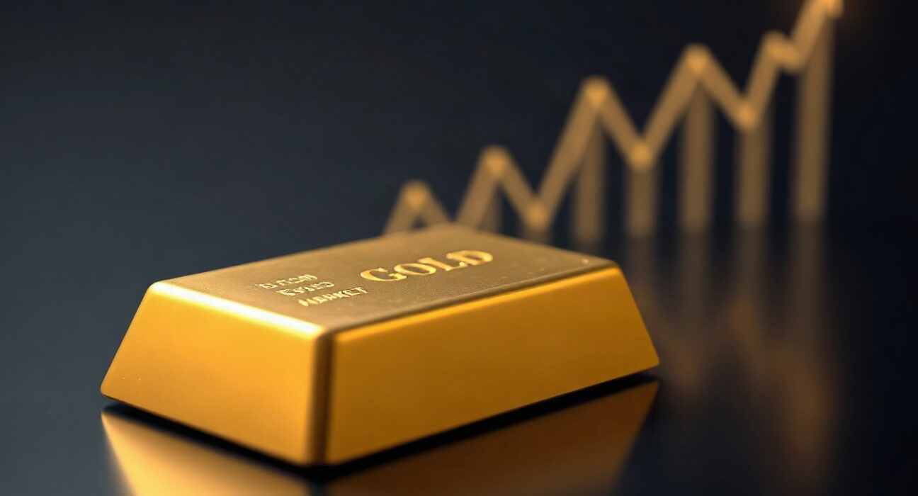 Gold bar with a faint upward chart line, symbolizing bullish Elliott Wave analysis.