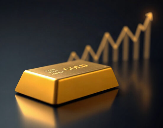 Gold bar with a faint upward chart line, symbolizing bullish Elliott Wave analysis.