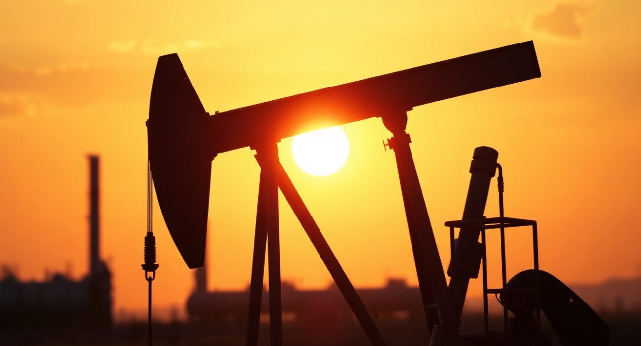 Crude oil pumpjack silhouette at sunset, representing bullish oil market outlook