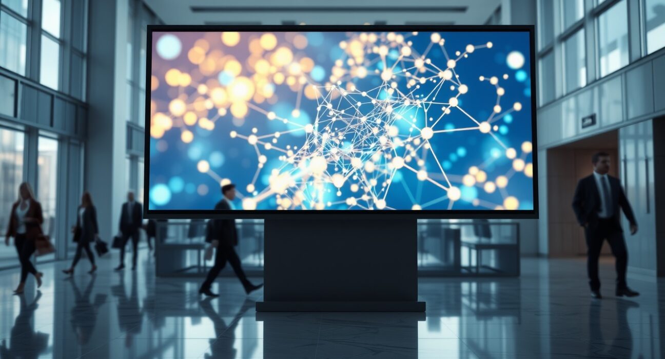 Modern corporate lobby with digital blockchain network visualization on large screen