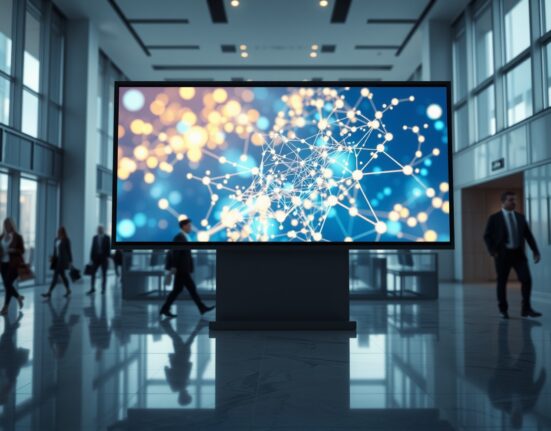 Modern corporate lobby with digital blockchain network visualization on large screen