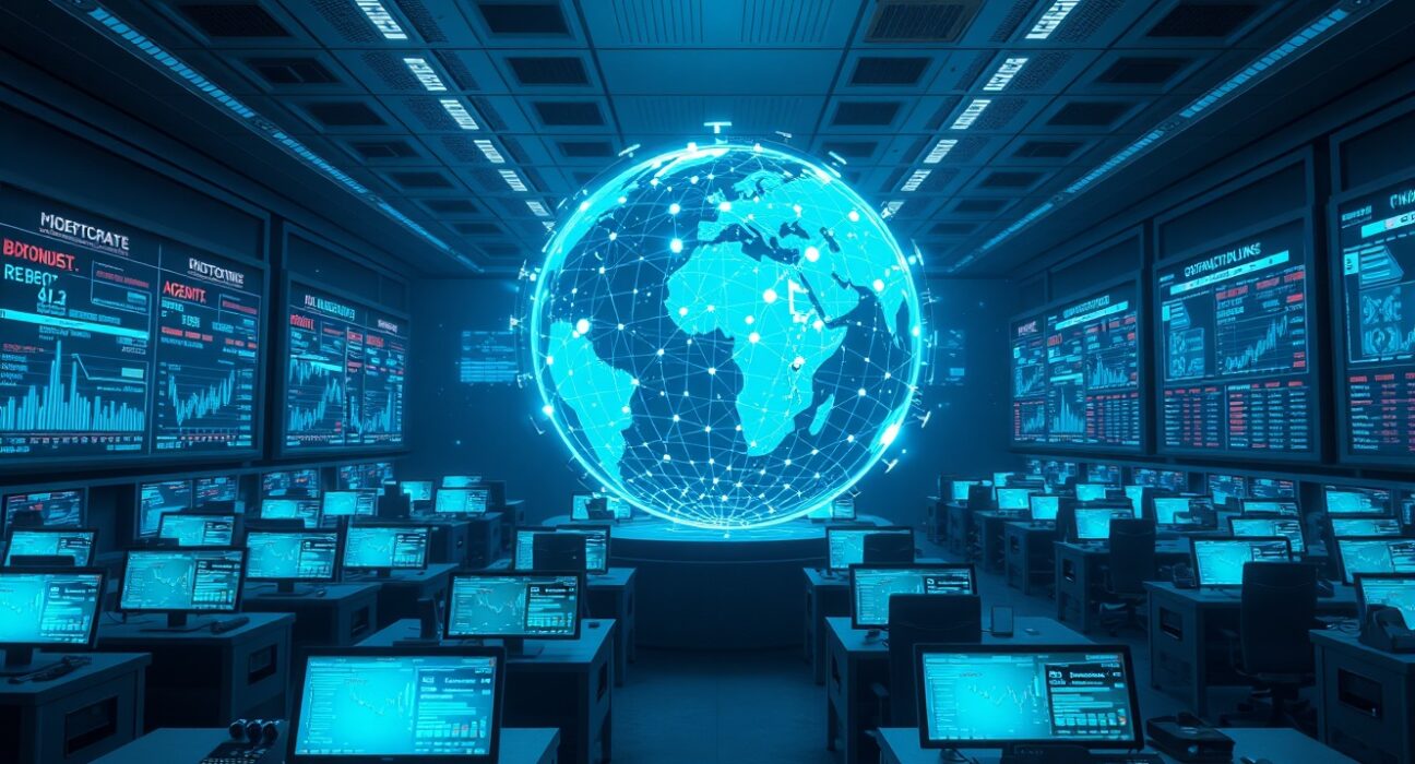 Futuristic trading floor with holographic blockchain transaction data and AI agent interfaces