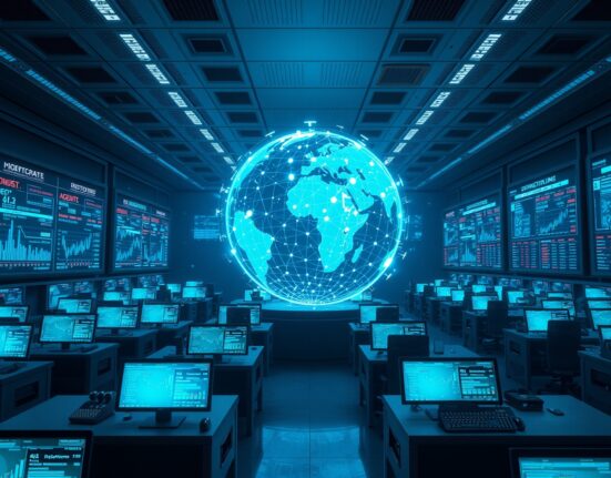 Futuristic trading floor with holographic blockchain transaction data and AI agent interfaces