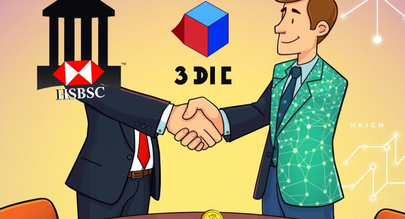 Cartoon illustrating a pivotal Elliptic HSBC investment, showing traditional finance and blockchain analytics collaborating on crypto compliance.