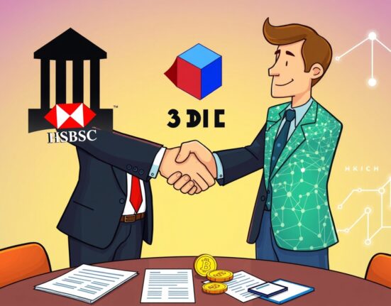 Cartoon illustrating a pivotal Elliptic HSBC investment, showing traditional finance and blockchain analytics collaborating on crypto compliance.