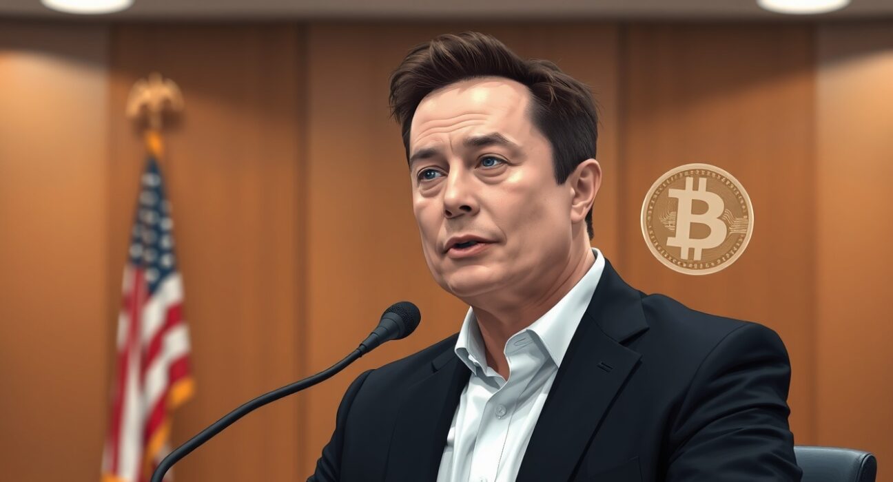 Elon Musk testifies in court about Bitcoin and crypto scams, with a faint Bitcoin hologram nearby.