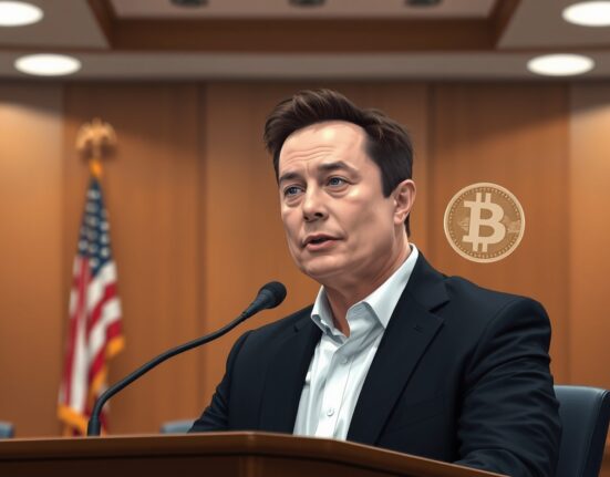 Elon Musk testifies in court about Bitcoin and crypto scams, with a faint Bitcoin hologram nearby.