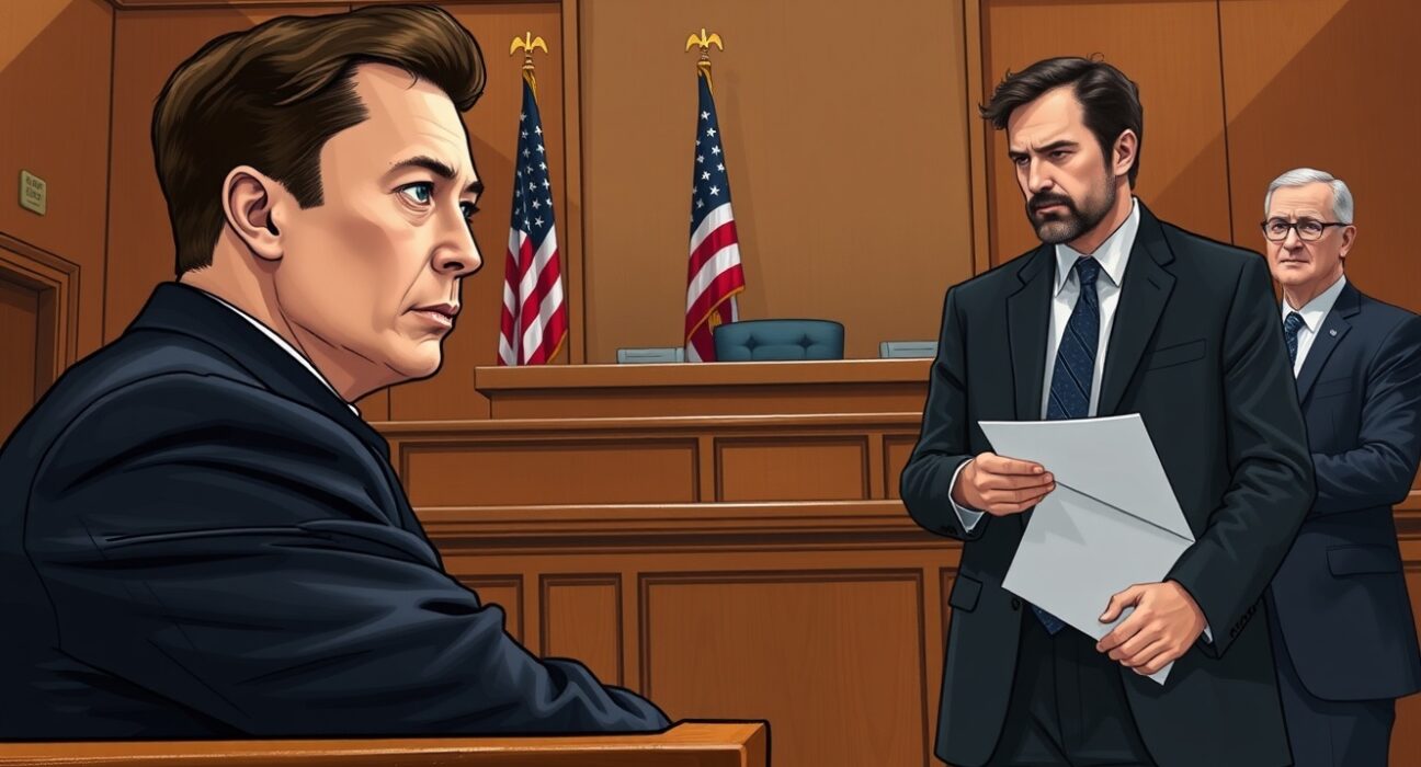Elon Musk and Sam Altman in a courtroom during the Elon Musk lawsuit against OpenAI, highlighting the AI legal battle.