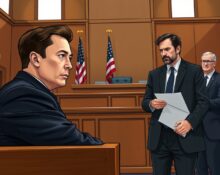 Elon Musk and Sam Altman in a courtroom during the Elon Musk lawsuit against OpenAI, highlighting the AI legal battle.