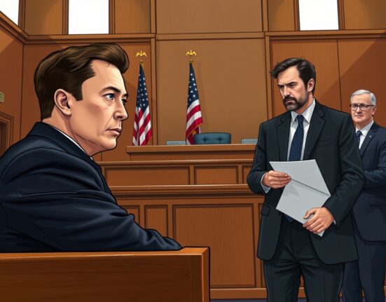 Elon Musk and Sam Altman in a courtroom during the Elon Musk lawsuit against OpenAI, highlighting the AI legal battle.