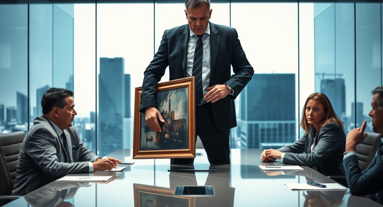 Tense boardroom scene showing Elon Musk storming out of an OpenAI meeting with a painting