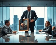 Tense boardroom scene showing Elon Musk storming out of an OpenAI meeting with a painting