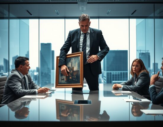Tense boardroom scene showing Elon Musk storming out of an OpenAI meeting with a painting