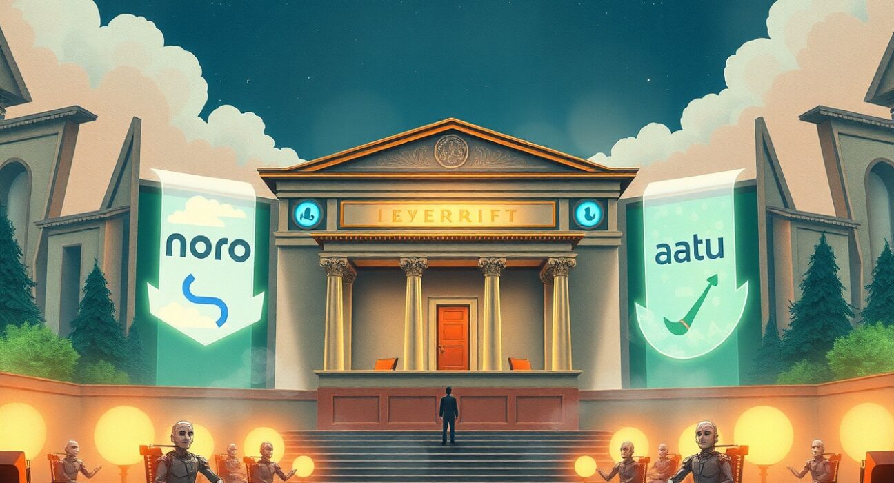 Elon Musk OpenAI lawsuit trial scene with AI ethics symbols and courtroom drama elements