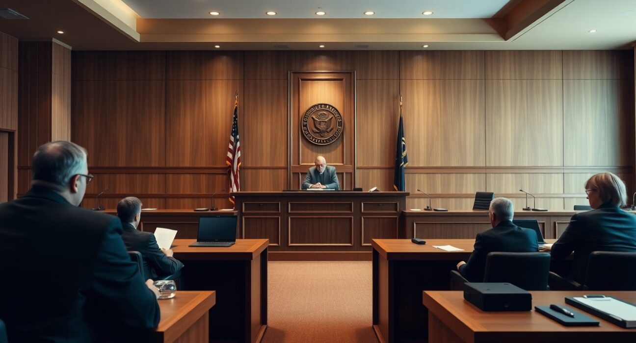 Courtroom scene from the Elon Musk vs. Sam Altman trial over OpenAI's nonprofit mission