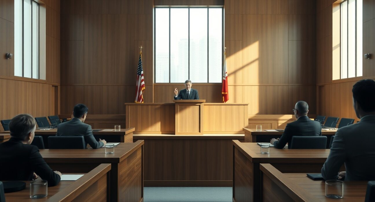 Courtroom scene from the Elon Musk-OpenAI trial with lawyers at podiums and judge's bench in background