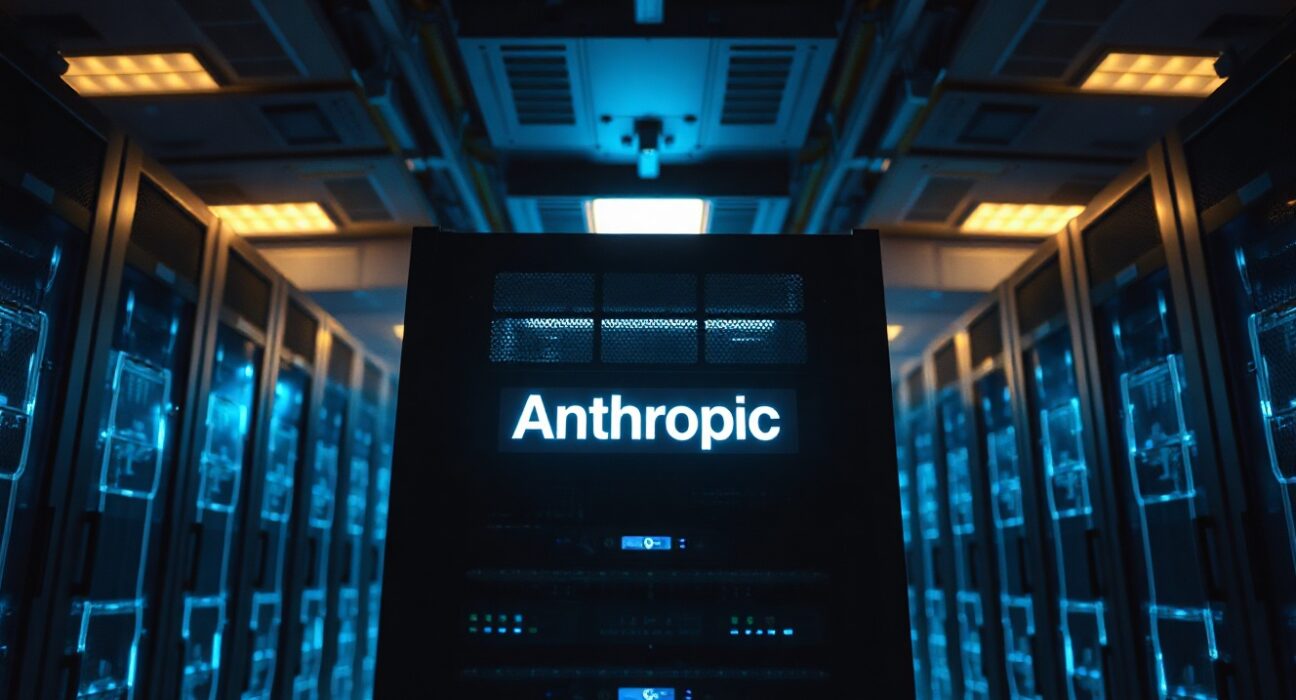 Interior of a modern data center with server racks and an Anthropic-labeled server in the foreground.