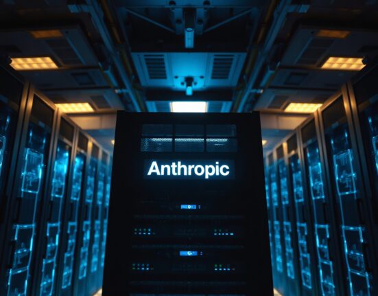 Interior of a modern data center with server racks and an Anthropic-labeled server in the foreground.