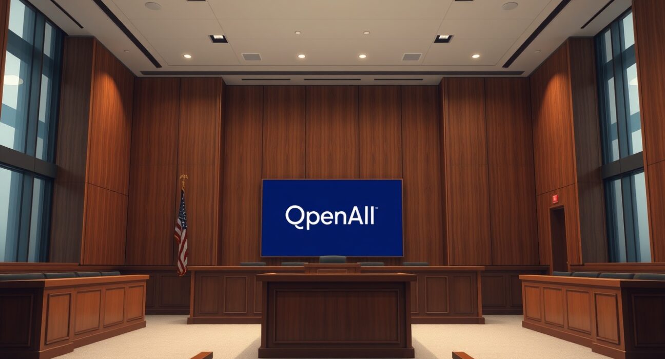 Empty courtroom with jury box and digital screen showing OpenAI logo and scales of justice