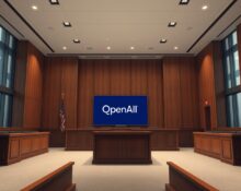 Empty courtroom with jury box and digital screen showing OpenAI logo and scales of justice