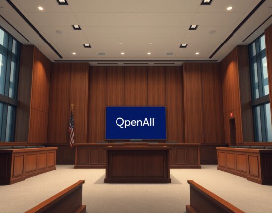 Empty courtroom with jury box and digital screen showing OpenAI logo and scales of justice