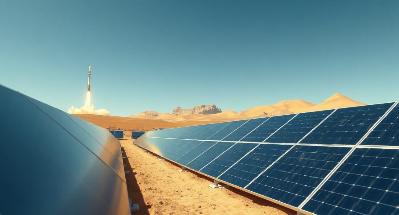 Solar panels in foreground with SpaceX rocket launching in background under blue sky