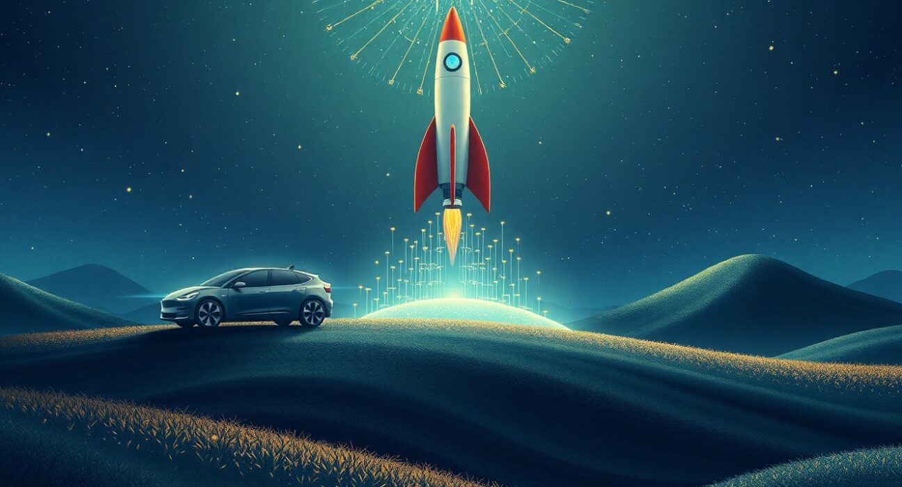 Conceptual Ghibli-style art of Elon Musk's SpaceX, Tesla, and xAI companies merging into one entity.