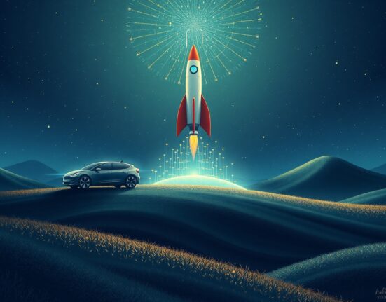 Conceptual Ghibli-style art of Elon Musk's SpaceX, Tesla, and xAI companies merging into one entity.