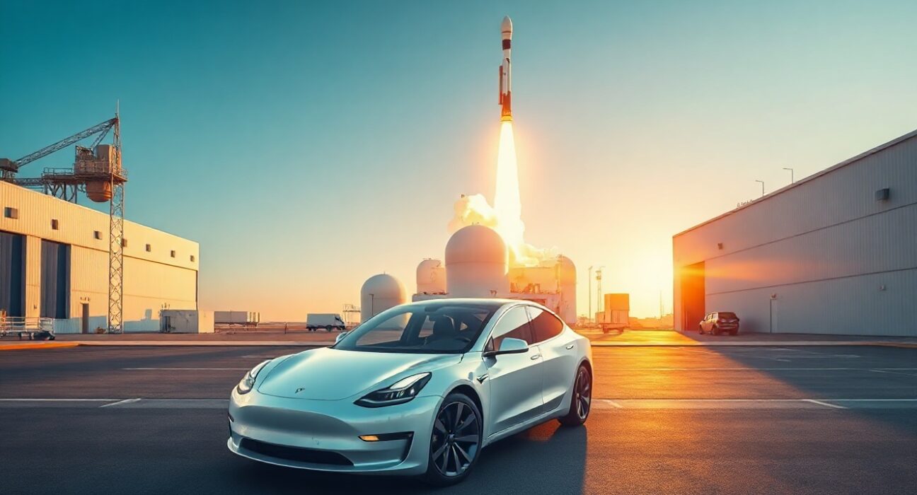 Tesla electric vehicle in foreground with SpaceX rocket launching in background representing potential merger discussions