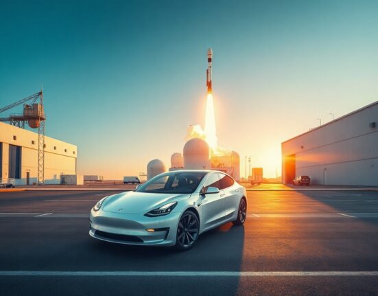 Tesla electric vehicle in foreground with SpaceX rocket launching in background representing potential merger discussions